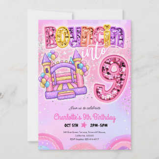 Pastellrosa Regenbogen-Hüpfburg 9. Geburtstag Einladung
