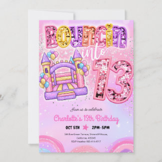 Pastellrosa Regenbogen-Hüpfburg zum 13. Geburtstag Einladung