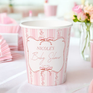 Pastellrosa Retrostreifen Babydusche personalisier Pappbecher