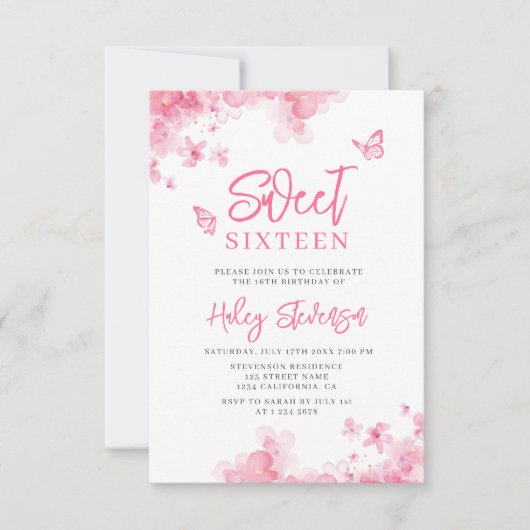 Pastellrosa Romantische florale Wasserfarbe Süß 16 Einladung (Vorderseite)