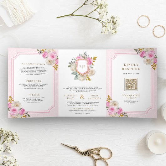 Pastellrosa Rose mit Blumenmotiven Dreifach Gefaltete Einladung