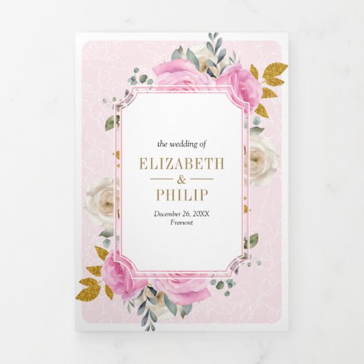 Pastellrosa Rose mit Blumenmotiven Dreifach Gefaltete Einladung (Cover)