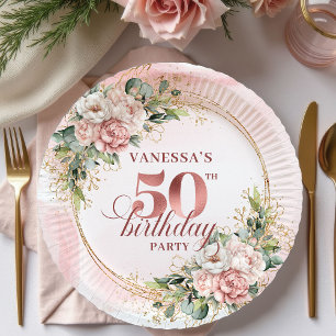 Pastellrosa Rosen-Gold-Blush-Blumen 50. Geburtstag Pappteller