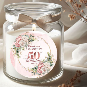 Pastellrosa Rosen Gold Grün 50. Geburtstag Runder Aufkleber