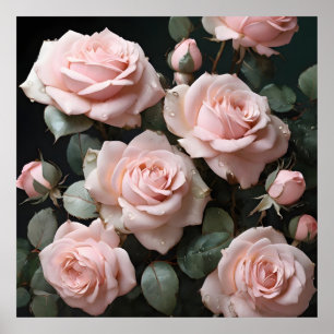 Pastellrosa Rosen mit dunkelgrünen Blätter Poster