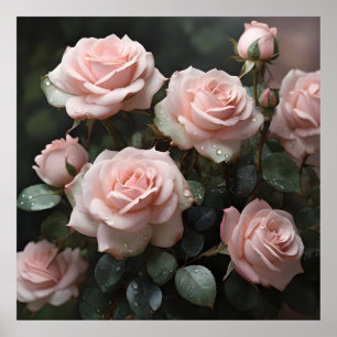 Pastellrosa Rosen mit dunkelgrünen Blätter Poster