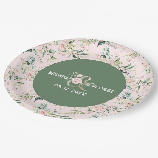 Pastellrosa Rosen Wasserfarben nahtlose Muster Pap Pappteller (Schrägansicht)