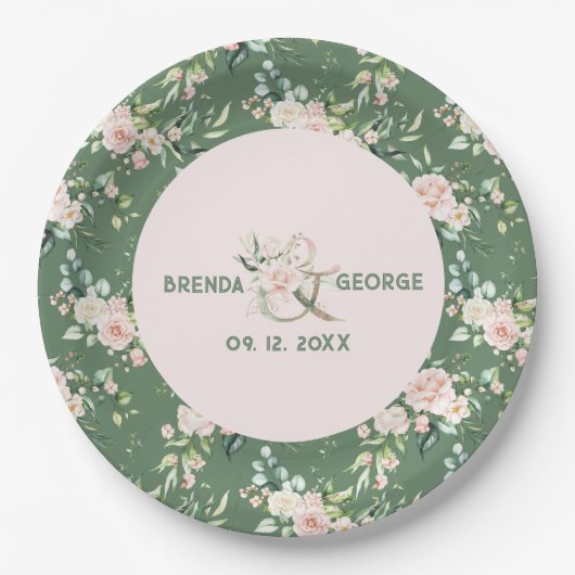 Pastellrosa Rosen Wasserfarbenmuster auf Grün Pappteller (Vorderseite)