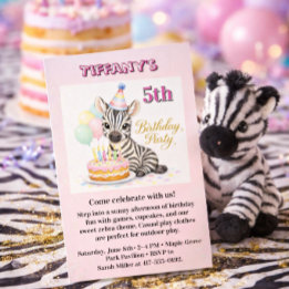 Pastellrosa Safari-Zebra-Mädchen Fünf Geburtstagsf Einladung