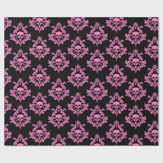Pastellrosa Schädeldamtel auf schwarzem Wrapping-P Geschenkpapier (Flach)