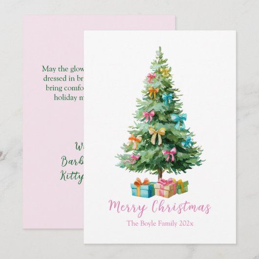Pastellrosa Schleifen Weihnachtsbaum Feiertagskarte (Vorne/Hinten)
