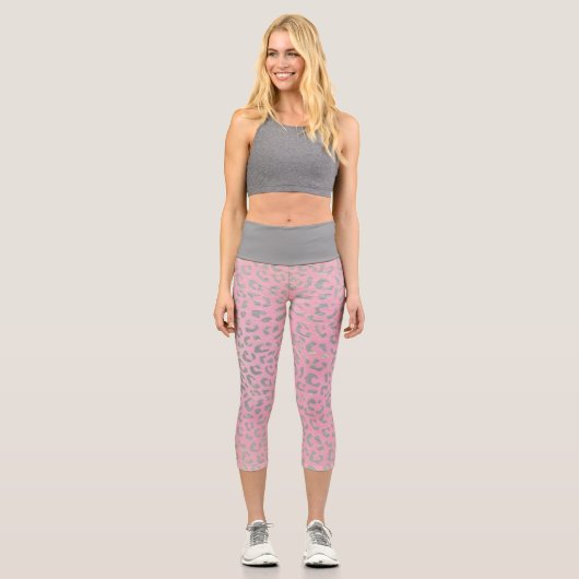 Pastellrosa Silberleopard Capri Leggings (Vorderseite)