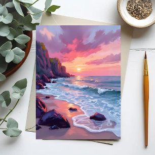Pastellrosa-Strand-Sonnenuntergang-Ozeanwellen-Aqu Postkarte