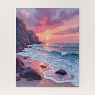 Pastellrosa Strand Sonnenuntergang Ozeanwellen Aqu Puzzle