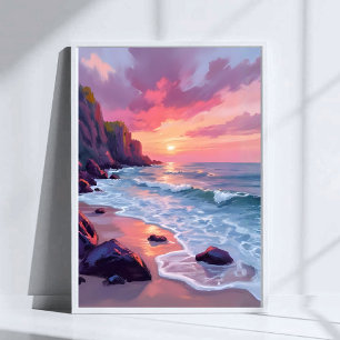 Pastellrosa Strand Sonnenuntergang Ozeanwellen Was Poster