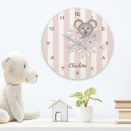 Pastellrosa Streifen Niedlich Koala Kinderzimmer / Große Wanduhr