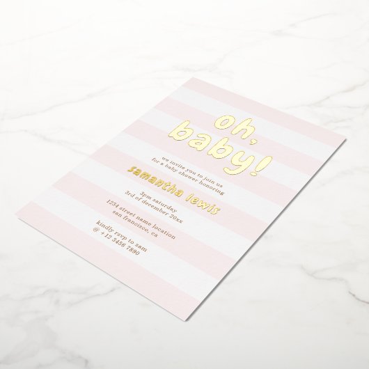 Pastellrosa Streifen Oh Baby Girl Dusche Gold Folieneinladung (Gedreht)