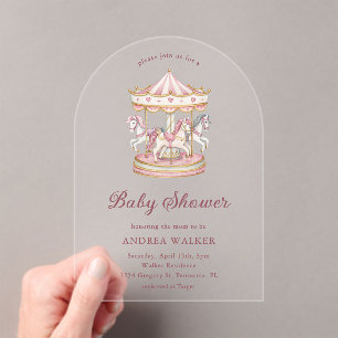 Pastellrosa süße Karussell-Girl-Baby-Shower-Archit Acryleinladungen