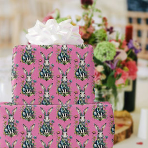 Pastellrosa süße Wasserfarbe-Hasen-Blumen-Ostern Geschenkpapier