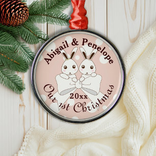Pastellrosa süße Zwillinge-Hasen-Mädchen-Weihnacht Ornament Aus Metall