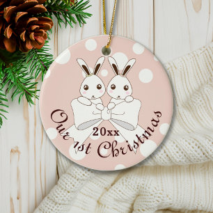 Pastellrosa süße Zwillinge-Hasen-Weihnachten für M Keramik Ornament
