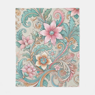 Pastellrosa Teal Boho Batik Blumenmuster Wasserfar Fleecedecke
