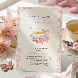 Pastellrosa Teestunde für werdende Mütter - Babypa Einladung