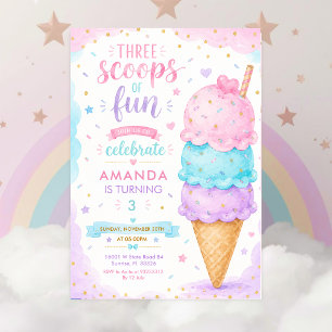 Pastellrosa Three Scoops Of Fun 3. Geburtstagsfeie Einladung