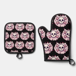 Pastellrosa Totenkopf und gekreuzte Knochen Ofenhandschuh & Topflappen-Set