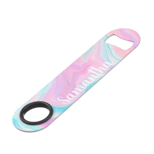 Pastellrosa türkisfarbene abstrakte Marmorbezeichn Speed Flaschenöffner (Vorderseite Schrägansicht)