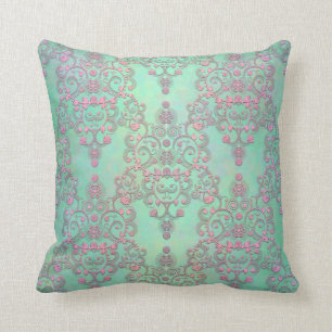 Pastellrosa über mintgrünem floralem Damast Kissen