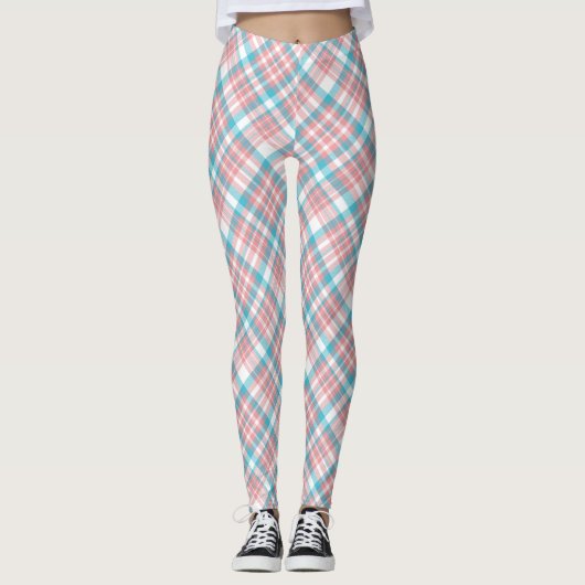 Pastellrosa und Blau Kariert Leggings (Vorderseite)