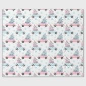 Pastellrosa und blaue Autos mit Weihnachtsbäumen Geschenkpapier (Flach)