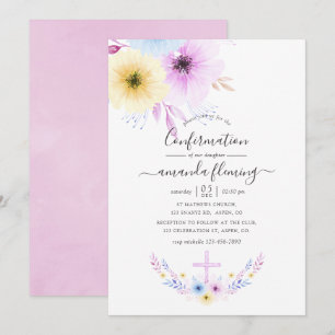 Pastellrosa und blaue florale Konfirmation Einladung