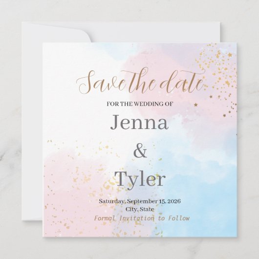 Pastellrosa und Blaue Wasserfarbe Save the Date (Vorderseite)