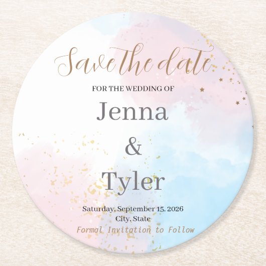 Pastellrosa und Blaue Wasserfarbe Save the Date Runder Pappuntersetzer (Vorderseite)