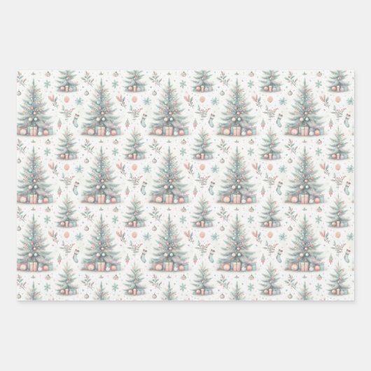 Pastellrosa und blaue Weihnachtsbäume dekoriert Geschenkpapier Set (Vorderseite)