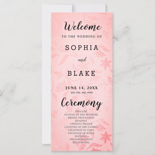 Pastellrosa und florales Metallic-Hochzeitsprogram (Vorderseite)