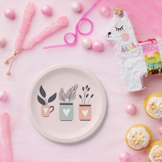 Pastellrosa und graue moderne Pflanze Pappteller (Party)