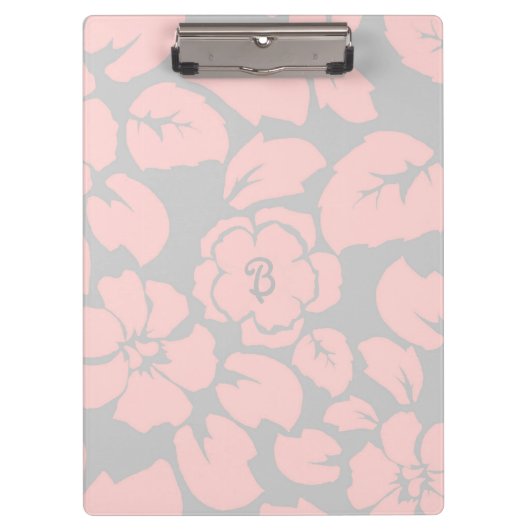 Pastellrosa und graues florales Monogramm Klemmbrett (Vorderseite)