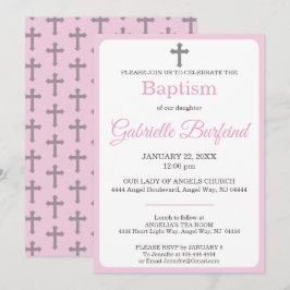 Pastellrosa und graues Kreuz Wasserfarbe Taufe Einladung