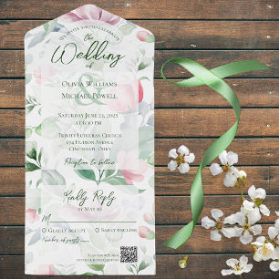 Pastellrosa und grüne Florale Wasserfarbe- QR-Code All In One Einladung