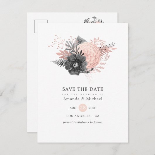 Pastellrosa und Holzkohle Save the Date Ankündigungspostkarte (Vorne/Hinten)