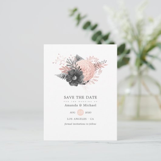Pastellrosa und Holzkohle Save the Date Ankündigungspostkarte (Stehend Vorderseite)