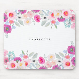 Pastellrosa und Lila Wasserfarben Blumengarten Mousepad