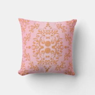 Pastellrosa und Peachy Orange Damask Kissen