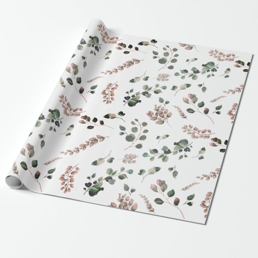 Pastellrosa und Sage Green Eukalyptus Wasserfarbe Geschenkpapier (Ungerollt)