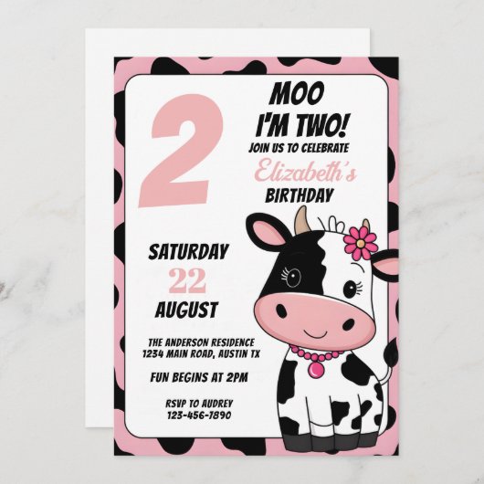 Pastellrosa und schwarze Moorkuh jedes Alter Gebur Einladung (Vorne/Hinten)