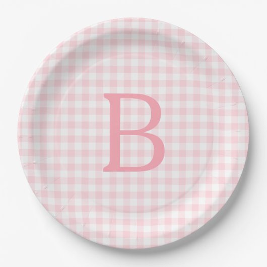 Pastellrosa und Weiße Gingham Monogram Pappteller (Vorderseite)
