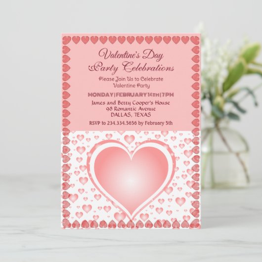 Pastellrosa Valentinstag Party Rain Hearts Einladung (Stehend Vorderseite)